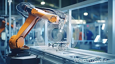 Robot arm inside a bright electronics factory, utilizing printing technology Stock Photo
