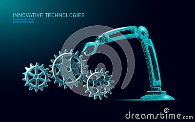 Robot arm low poly manipulator. Part construct assembly triangle shape. Polygonal connected dots 3D render robotic Vector Illustration