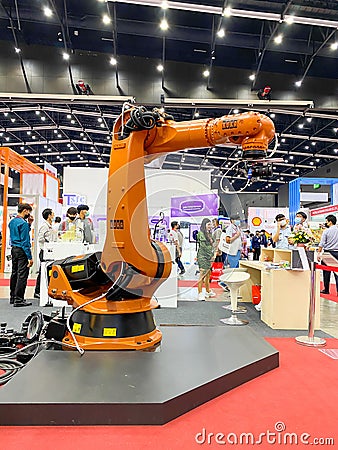 Robot arm for scan part working show it to customers in Metalex 2020 exhibition Editorial Stock Photo