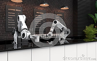 Robot arm serving hot coffee in a coffee shop Cartoon Illustration