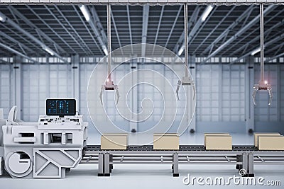 Robot arms with boxes on conveyor in factory Stock Photo