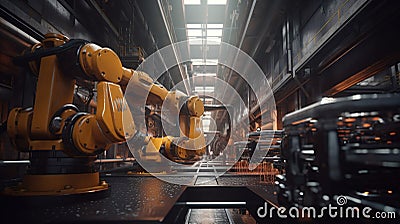Robot Arms in communication network concept. Industrial technology heavy automation machine in smart factory. Assembly Line Stock Photo