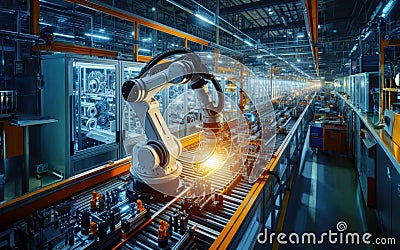 Robot Arms on Fully Automated Assembly Line Inside Modern Electronics Factory Stock Photo