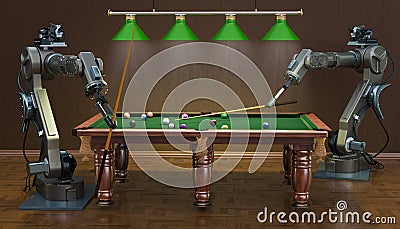 Robot arms play billiards, 3D rendering Stock Photo