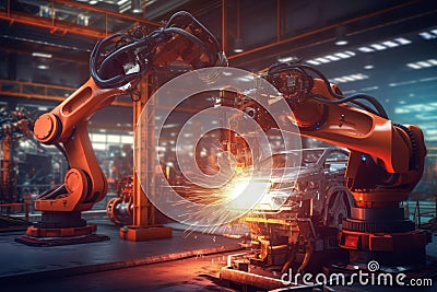 Robot arms weld car body structures in a modern production facility with Ai Generated Stock Photo