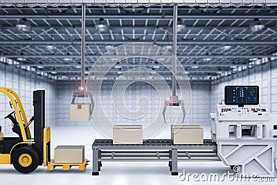 Robot arms working with cardboard boxes and forklift truck Stock Photo