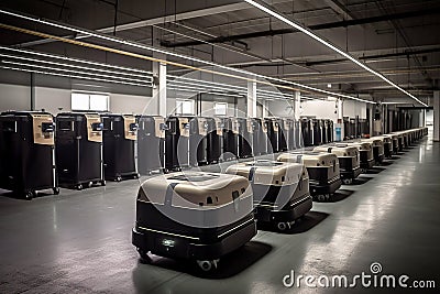 Robot army efficiently sorts hundreds of parcels per hour, automated guided vehicle, AGV. Generative AI Stock Photo