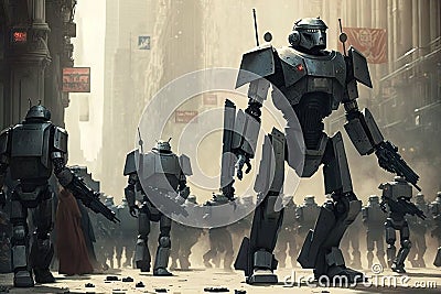 robot army marching through city, with blasters in hand Stock Photo