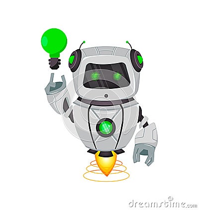Robot with artificial intelligence, bot. Funny cartoon character having a good idea. Humanoid cybernetic organism. Future concept Vector Illustration