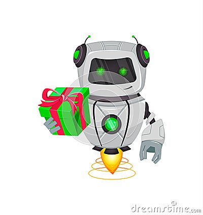 Robot with artificial intelligence, bot. Funny cartoon character holds green gift box. Humanoid cybernetic organism. Future Vector Illustration