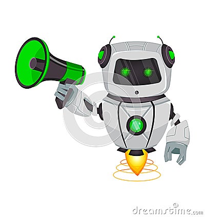 Robot with artificial intelligence, bot. Funny cartoon character holds loudspeaker. Humanoid cybernetic organism. Future concept. Vector Illustration