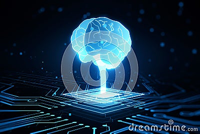 Robot, artificial intelligence and data network technologies concept with front view on digital glowing graphic human brain on Stock Photo