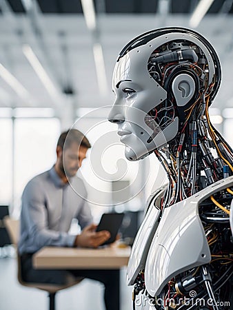 Robot, artificial intelligence in the form of a human robot communicates with humans, helps, cooperates with men. Generative AI. Stock Photo