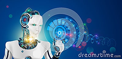 Robot with artificial intelligence. Wise cyborg with higher or supreme mind working on abstract hud virtual interface. Future Vector Illustration