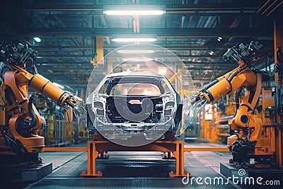 Robot assembling a car in a automobile factory Generative AI Stock Photo