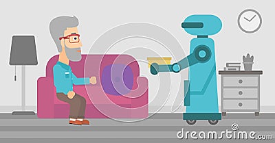 Robot assistant bringing food to an elderly man. Vector Illustration