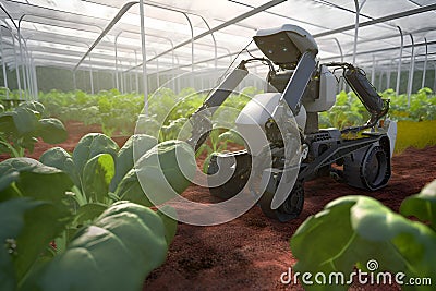 A robot assistant helps in agriculture to grow plants in a greenhouse, Generative AI 2 Stock Photo