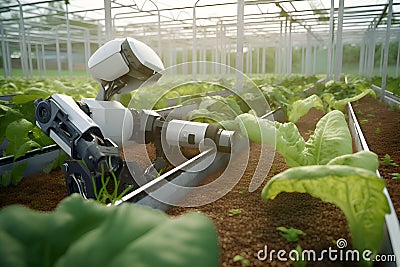A robot assistant helps in agriculture to grow plants in a greenhouse, Generative AI Stock Photo