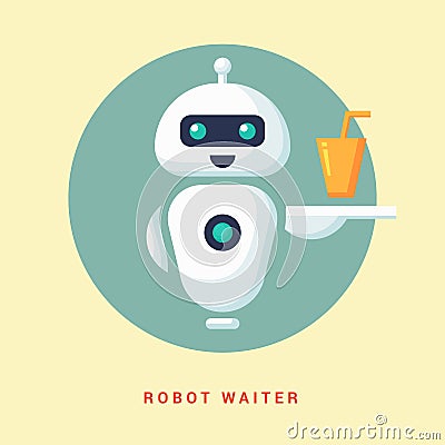 Robot assistant icon on flat style. Android human assistant. Waiter automation. Robot waiter. Vector Illustration
