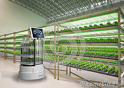 Robot assistant in light growth indoor farm Stock Photo