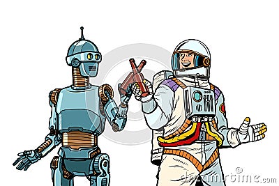 Robot and astronaut drink beer together Vector Illustration