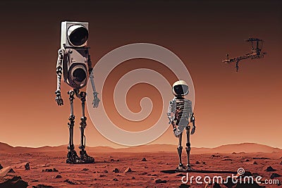 Robot astronaut. Robots on the planet Mars. Futuristic interpretation Future 2025. Illustration for advertising, cartoons, games, Stock Photo