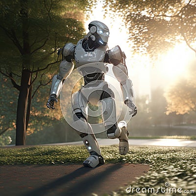 Robot athlete runs along the path in the park. AI generative Stock Photo