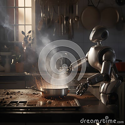 Robot attempts to cook in the kitchen Stock Photo