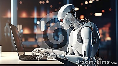 Robot autonomous concept. Many AI cyborg android working with laptop in office. Chat GPT chatbot Stock Photo