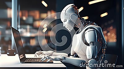 Robot autonomous concept. Many AI cyborg android working with laptop in office. Chat GPT chatbot Stock Photo