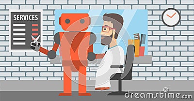 Robot barber making haircut to a hipster man. Vector Illustration