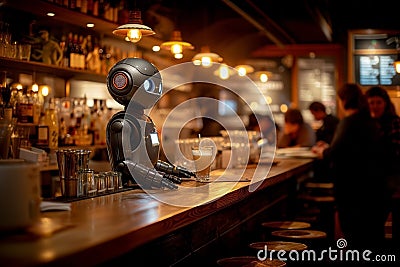 Robot barman at the counter serves customers in a bar or pub Stock Photo