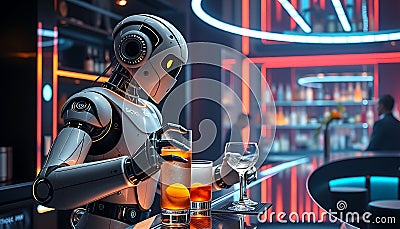 Robot bartender, futuristic bar, and AI technology, Stock Photo, Generative AI Stock Photo