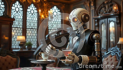 Robot Bartender Serving, Futuristic Bar Scene Generative AI Stock Photo