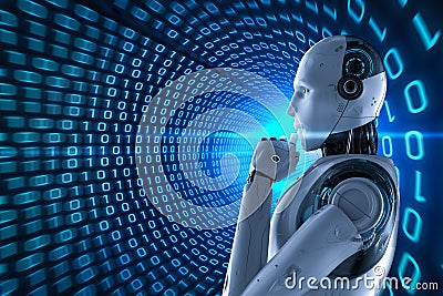 Robot with binary tunnel background Stock Photo