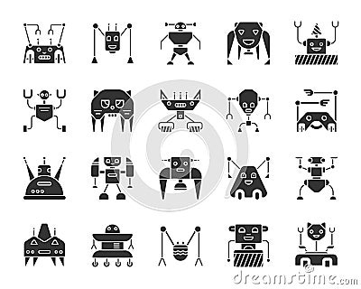 Robot black silhouette icons vector set Vector Illustration