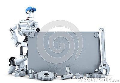 Robot with blank metallic banner. . Contains clipping path Stock Photo