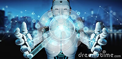 Robot analyzing holographic cell projection through magnifying glass 3D rendering Stock Photo