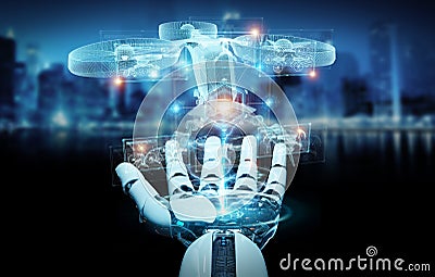 Robot holding and touching holographic drone projection 3D rendering Stock Photo