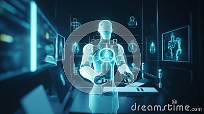 Robot on blurred background using digital holographic interface Stock Photo