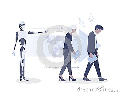 Robot is the boss and employees work for it. Tired office workers Vector Illustration