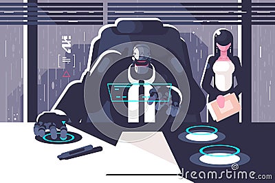 Robot boss with woman secretary in office room Vector Illustration