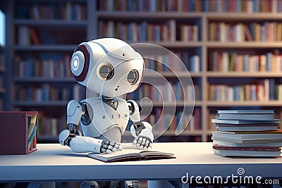 robot boy reads books in the library. The robot explores the world Stock Photo