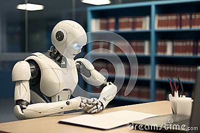 robot boy reads books in the library. The robot explores the world Stock Photo