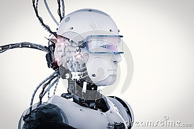 Robot with brain and wires Stock Photo
