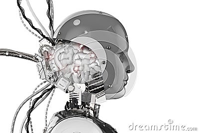 Robot with brain and wires Stock Photo