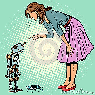 Robot broke the phone. Woman scolds guilty Vector Illustration