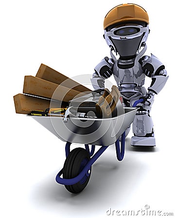 Robot builder with a wheel barrow carrying tools Stock Photo
