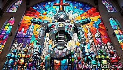 Robot Standing in Front of Large Stained Glass Window. Generative AI Stock Photo