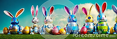 Robot bunny Easter eggs. Selective focus. Stock Photo